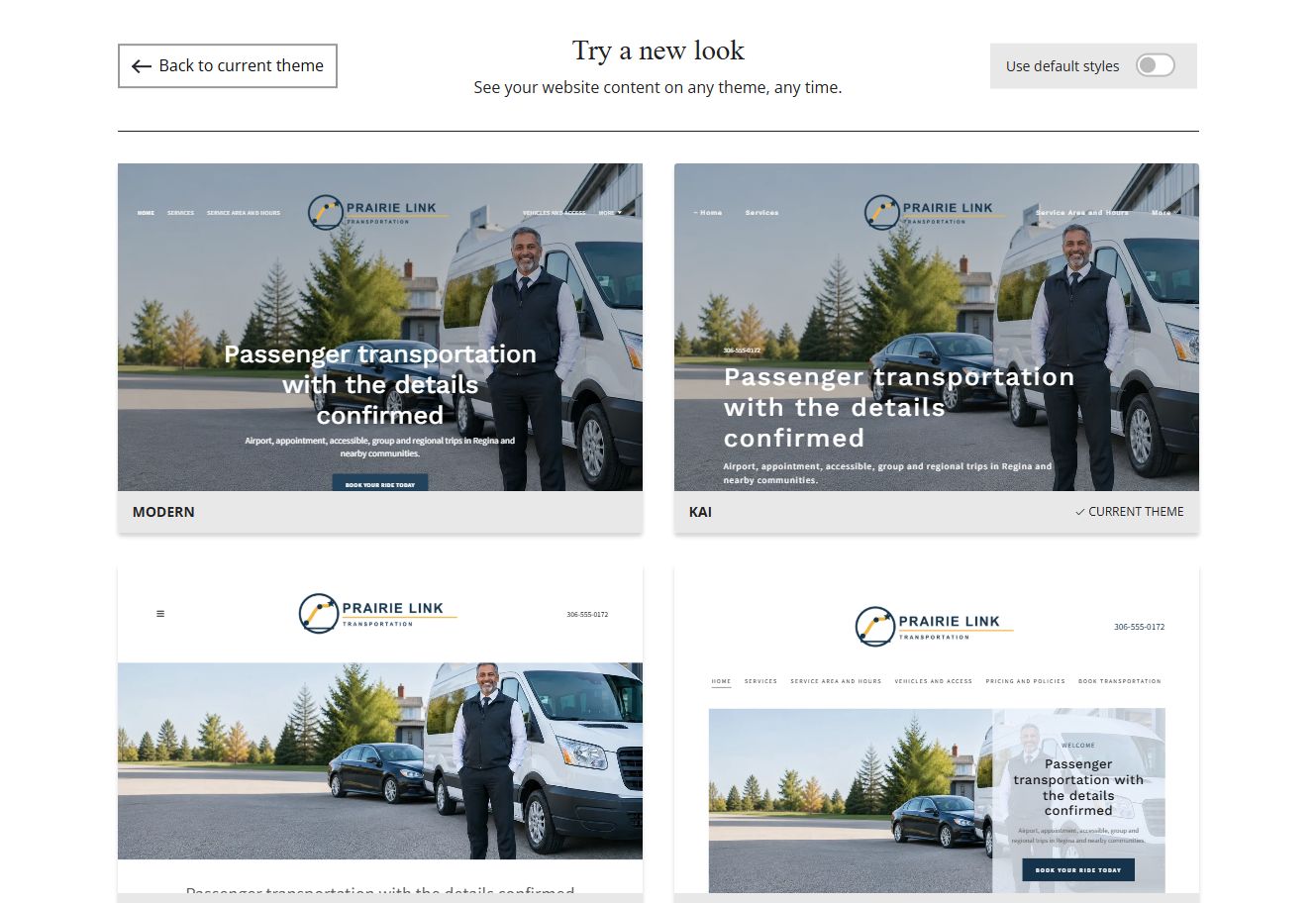 Website Builder chosen-colour theme previews for Prairie Link Transportation, group 1