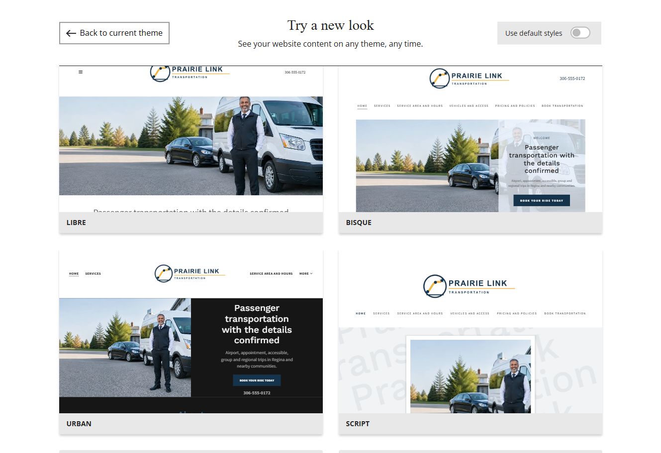 Website Builder chosen-colour theme previews for Prairie Link Transportation, group 2