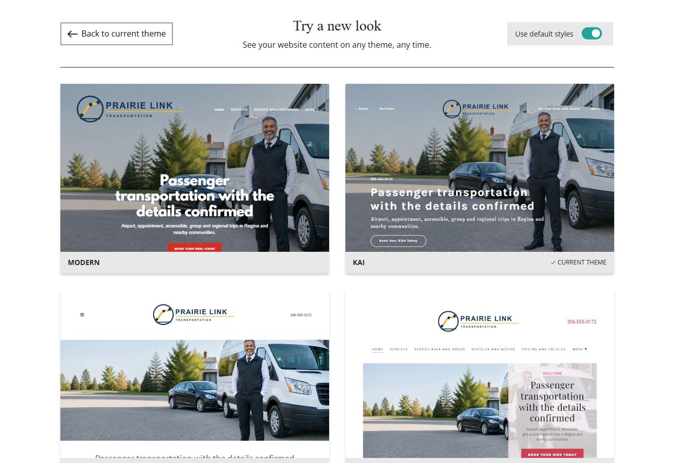 Website Builder default-style theme previews for Prairie Link Transportation, group 1