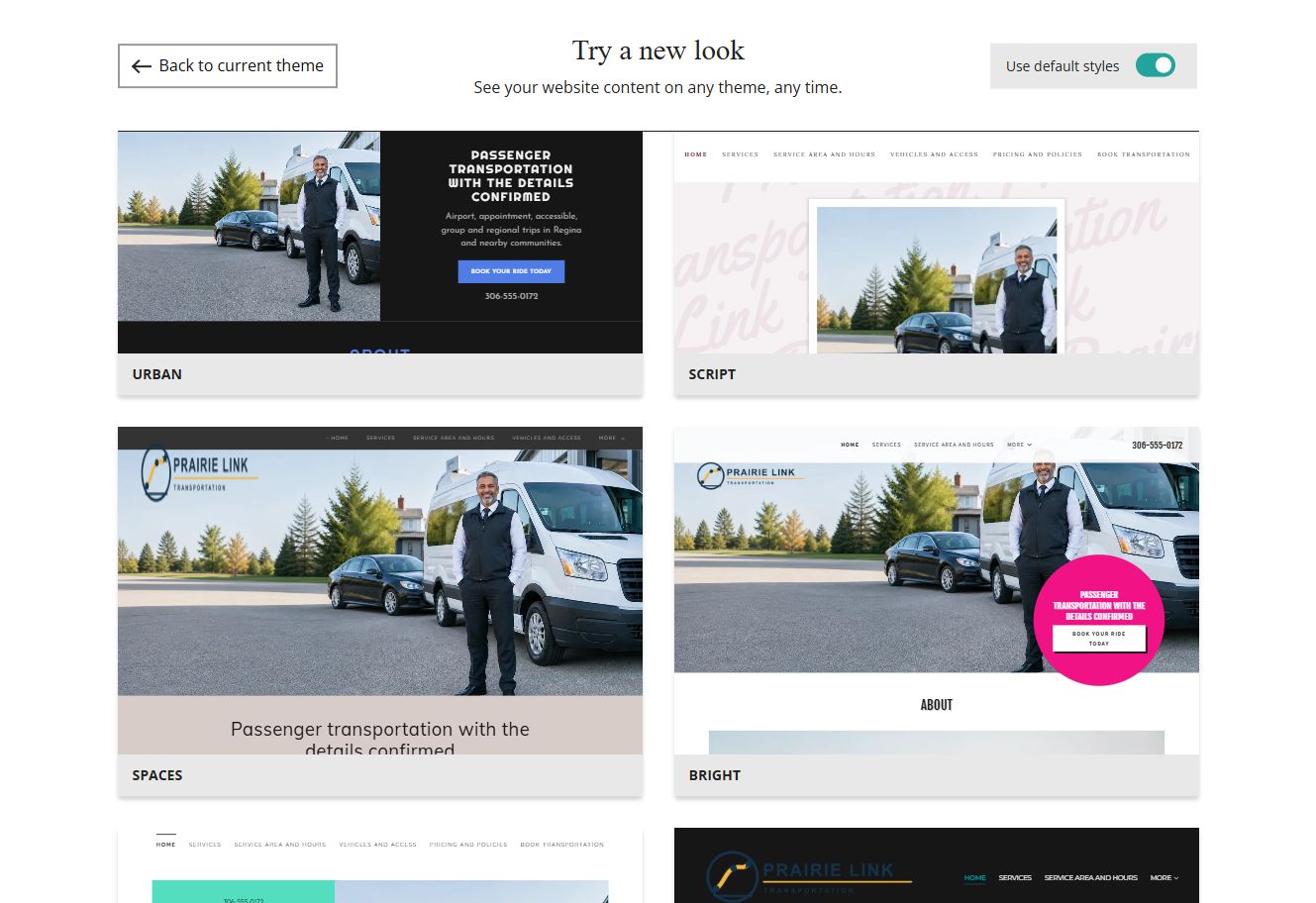 Website Builder default-style theme previews for Prairie Link Transportation, group 3