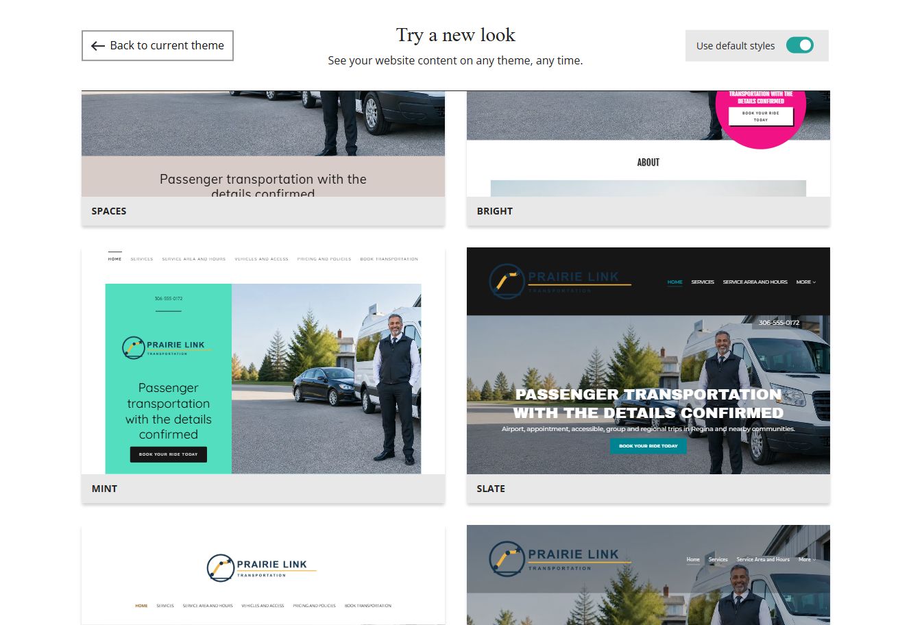 Website Builder default-style theme previews for Prairie Link Transportation, group 4