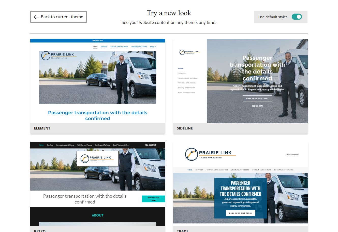 Website Builder default-style theme previews for Prairie Link Transportation, group 7