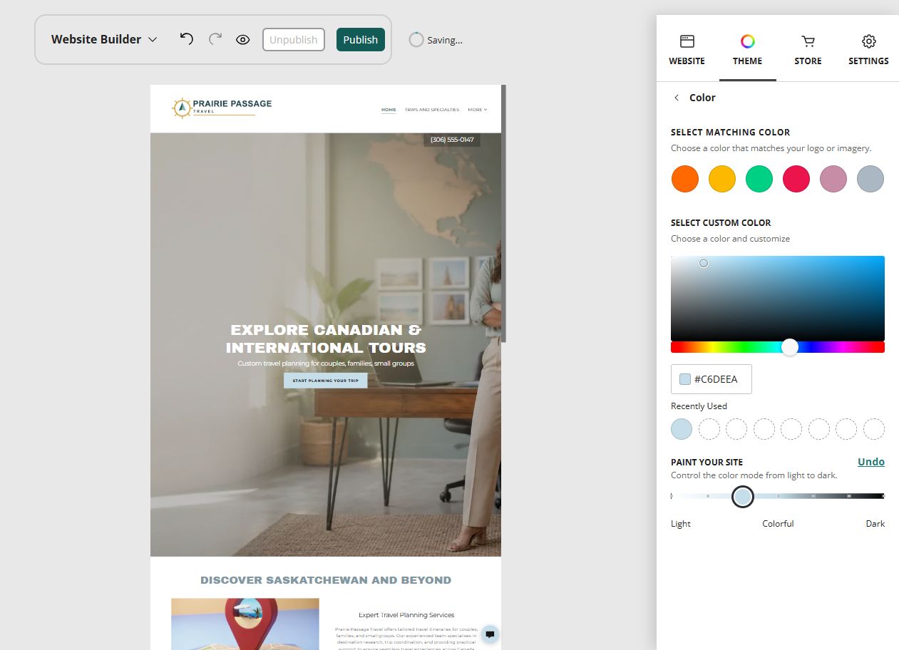 Prairie Passage Travel at Website Builder Paint slider position 3 of 7, colourful with a light base