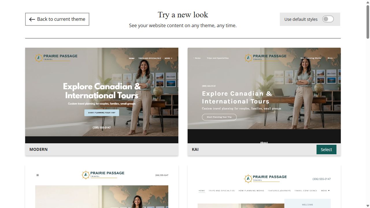 Website Builder theme previews for Prairie Passage Travel, group 1