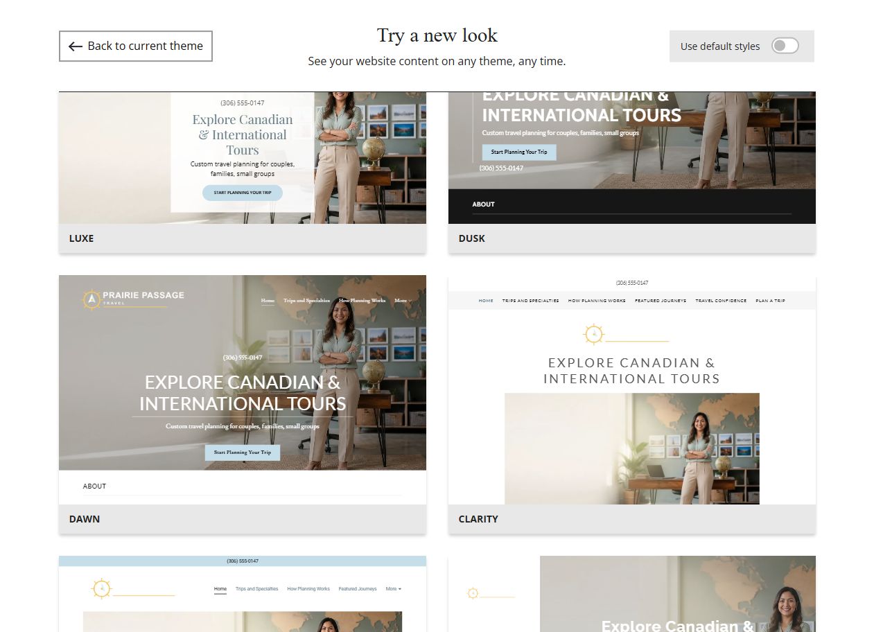 Website Builder theme previews for Prairie Passage Travel, group 5