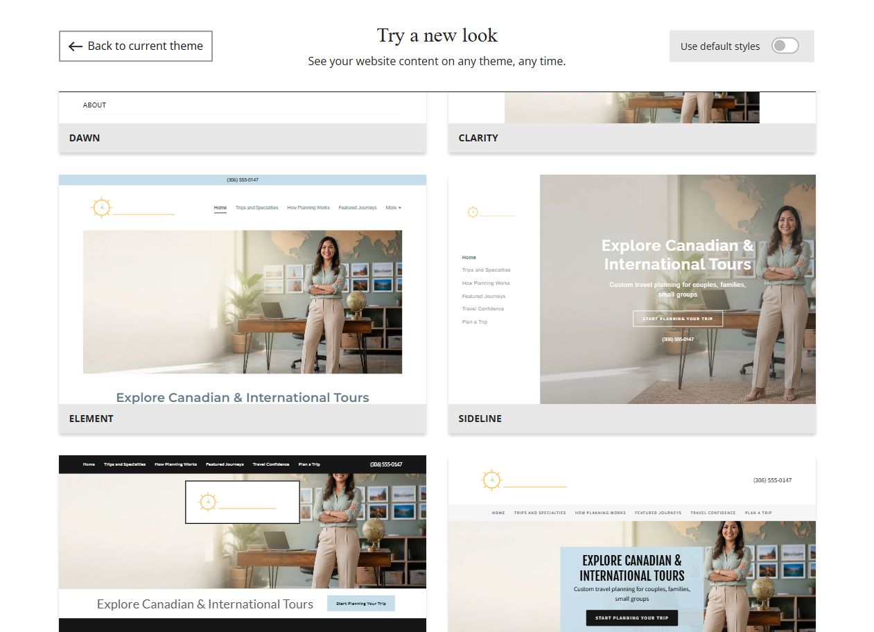 Website Builder theme previews for Prairie Passage Travel, group 6