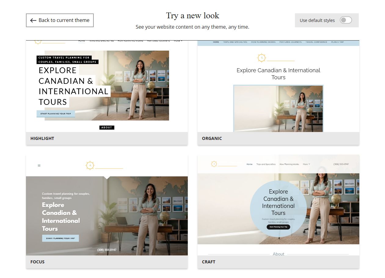 Website Builder theme previews for Prairie Passage Travel, group 8