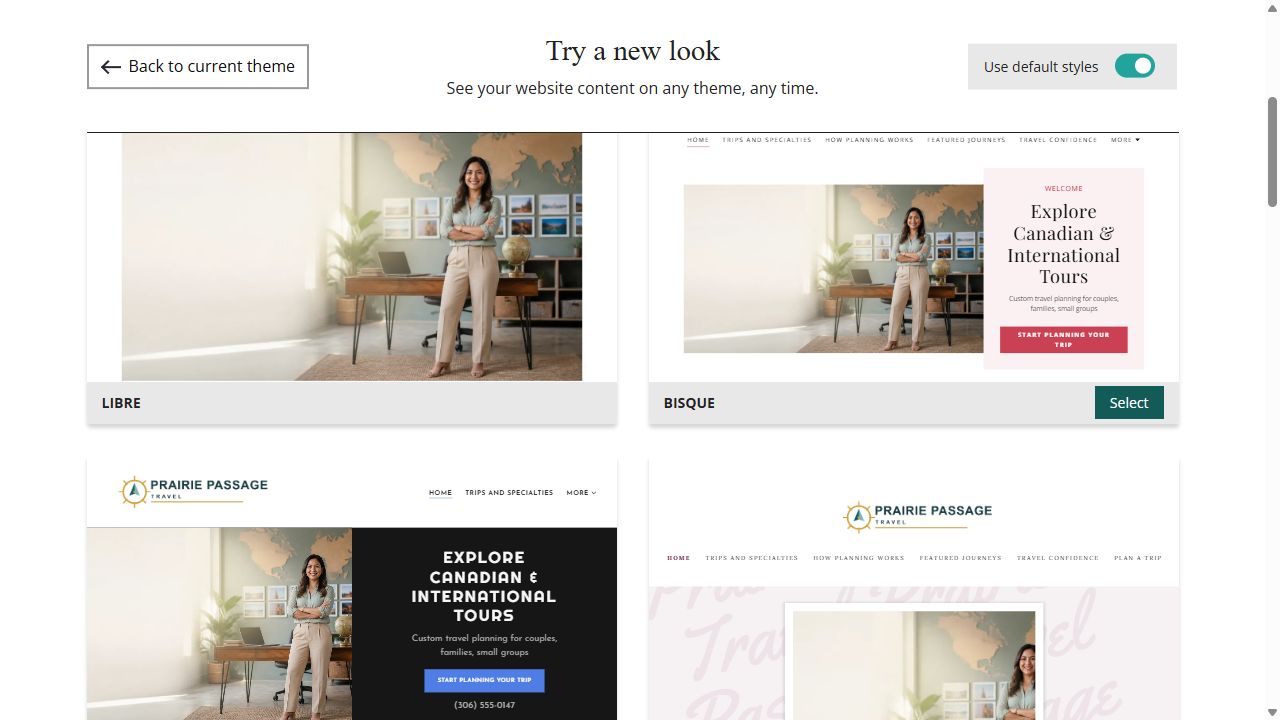 Website Builder default-style theme previews for Prairie Passage Travel, group 2