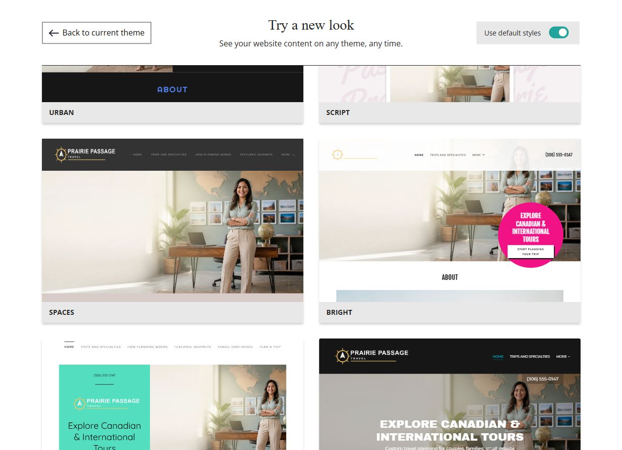 Website Builder default-style theme previews for Prairie Passage Travel, group 3