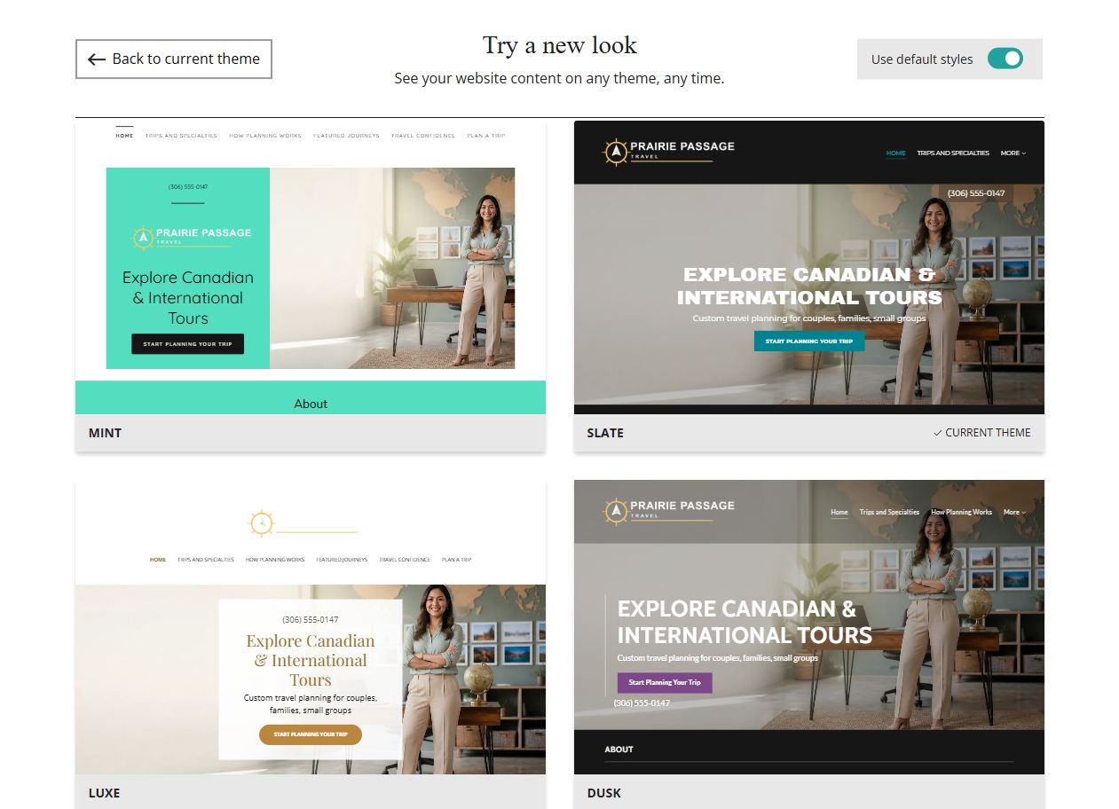 Website Builder default-style theme previews for Prairie Passage Travel, group 4