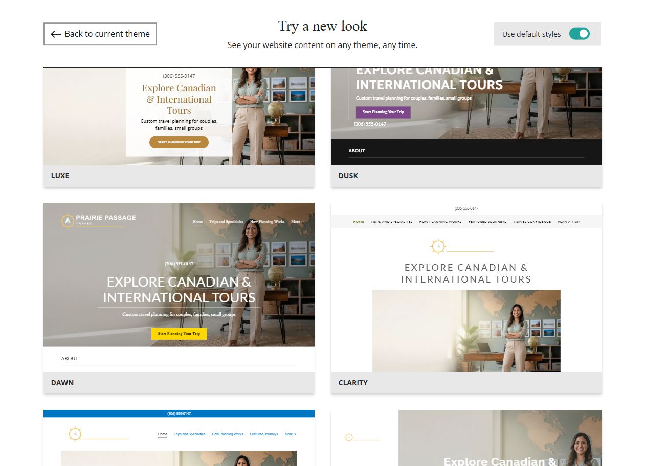 Website Builder default-style theme previews for Prairie Passage Travel, group 5