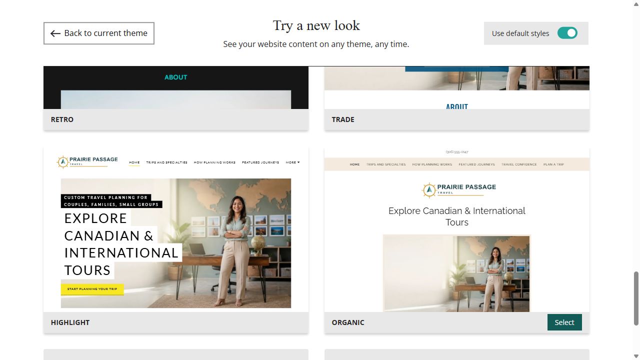 Website Builder default-style theme previews for Prairie Passage Travel, group 7