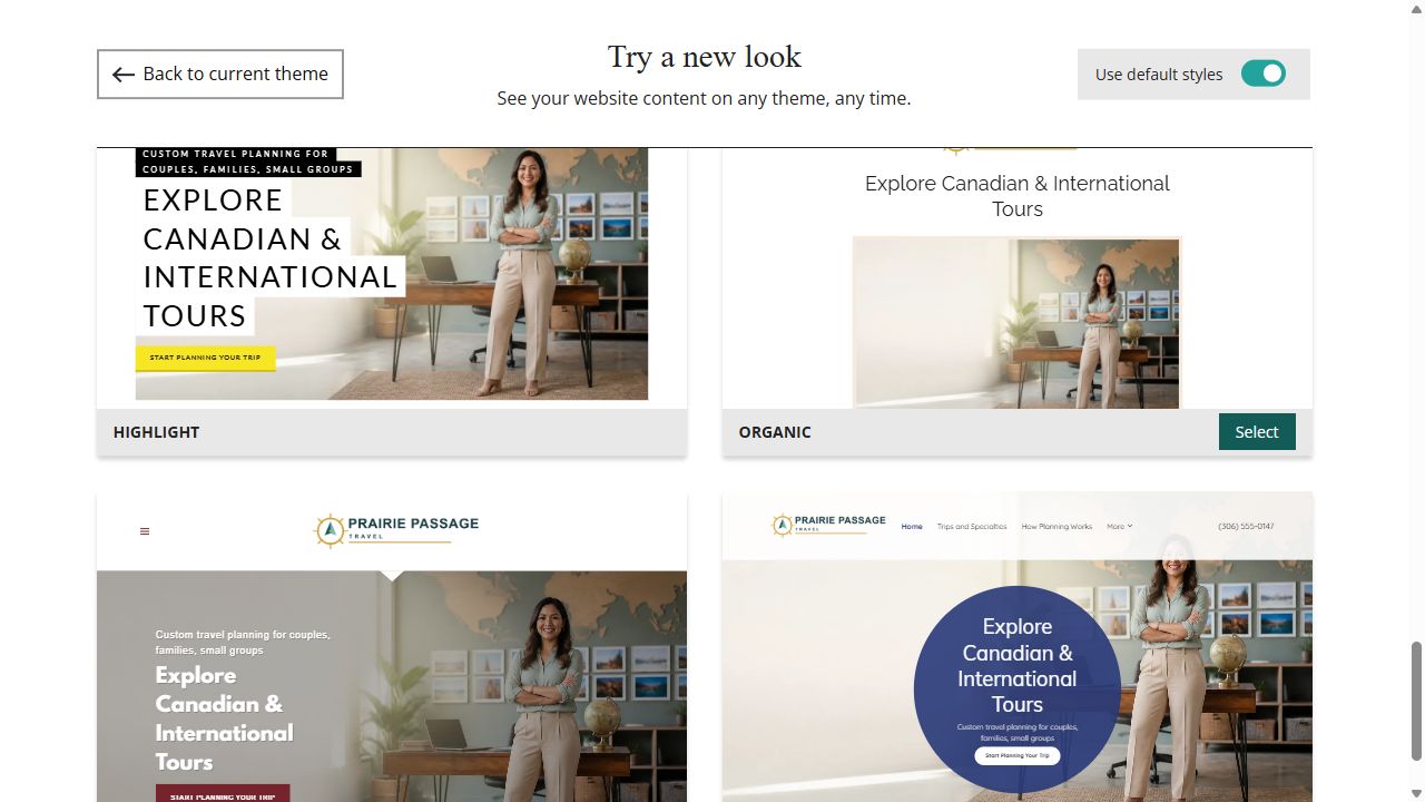 Website Builder default-style theme previews for Prairie Passage Travel, group 8