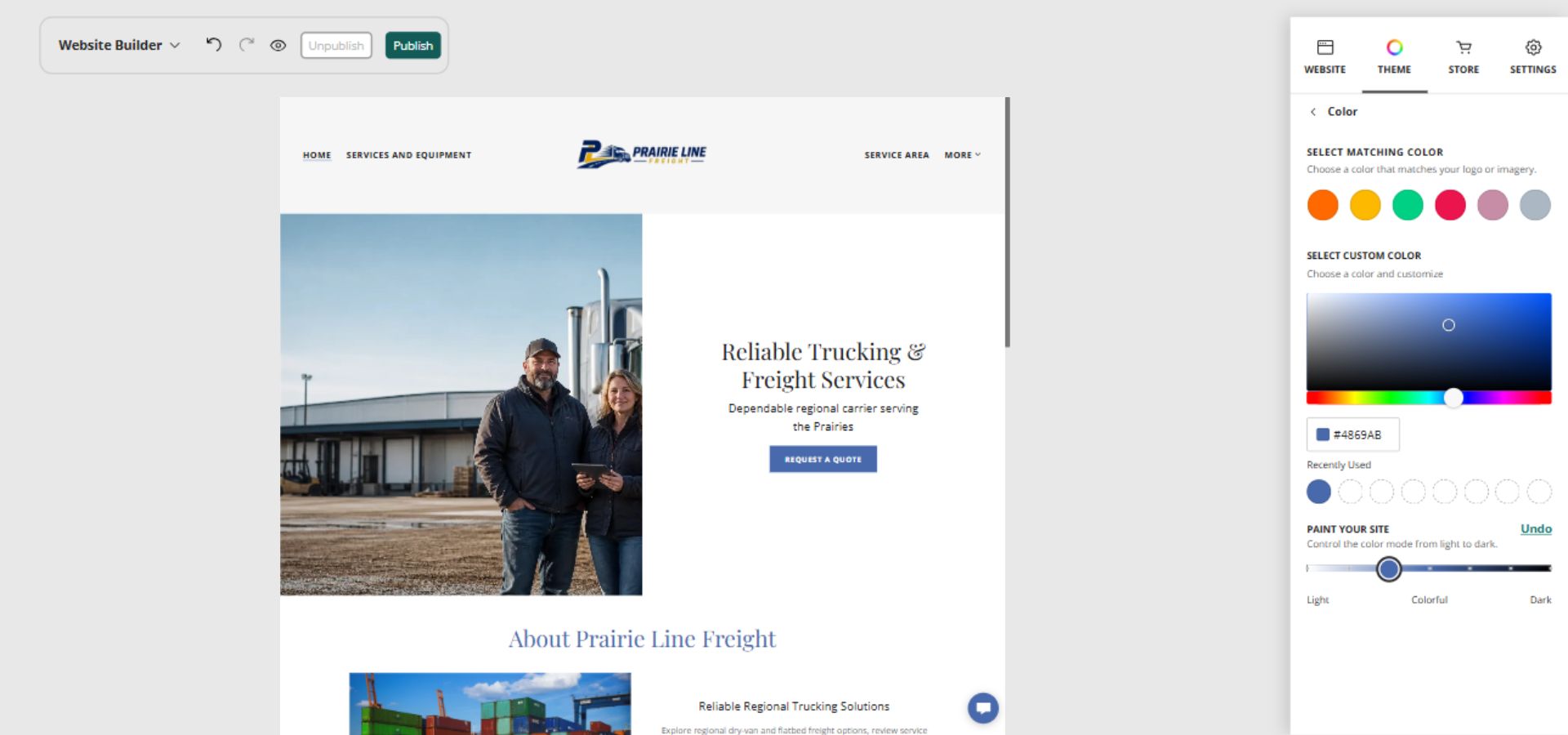 Prairie Line Freight home page and full Paint your site controls, position 3 of 7