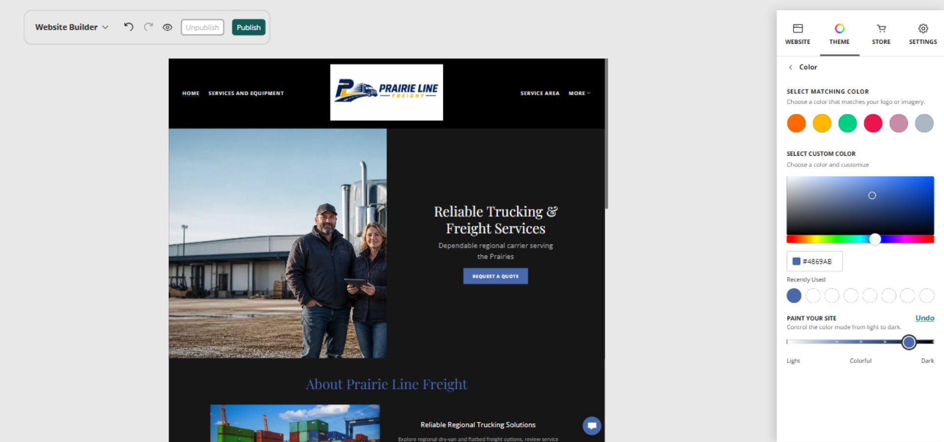Prairie Line Freight home page and full Paint your site controls, position 6 of 7
