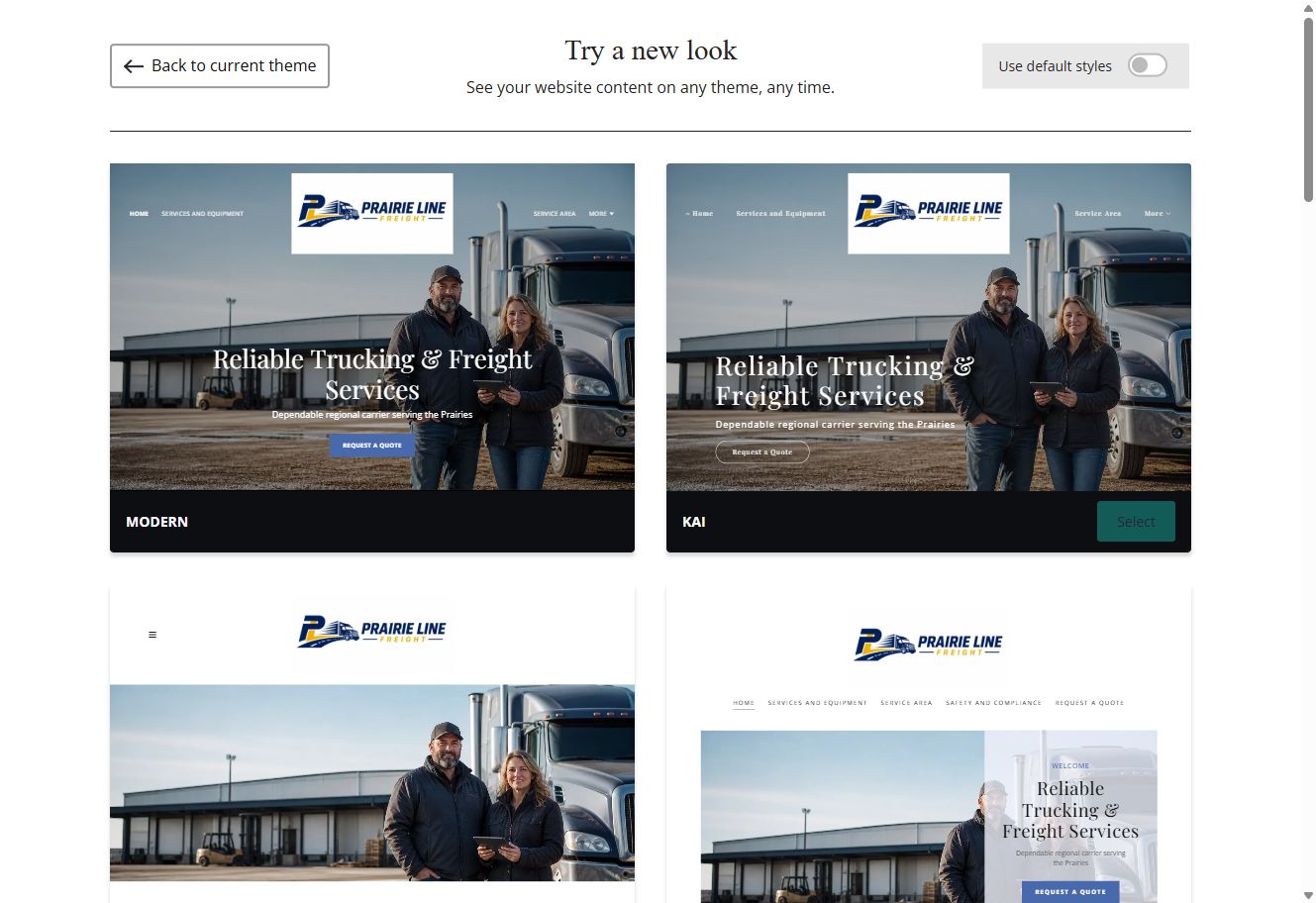 Modern, Kai, Libre and Bisque Website Builder previews using Prairie Line Freight's selected colour