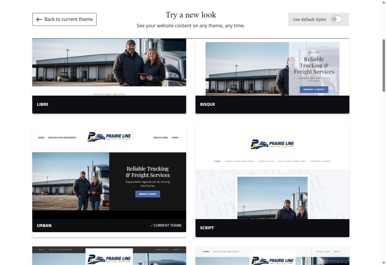 Libre, Bisque, Urban and Script Website Builder previews using Prairie Line Freight's selected colour