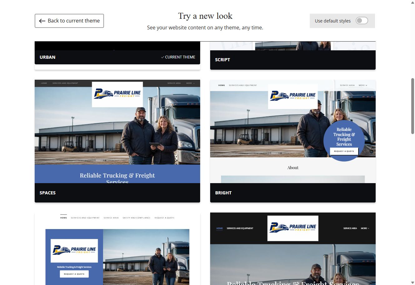 Spaces, Bright, Mint and Slate Website Builder previews using Prairie Line Freight's selected colour