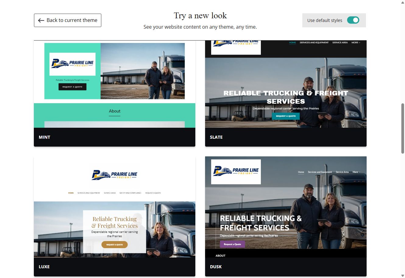 Mint, Slate, Luxe and Dusk Website Builder previews using each theme's default styles