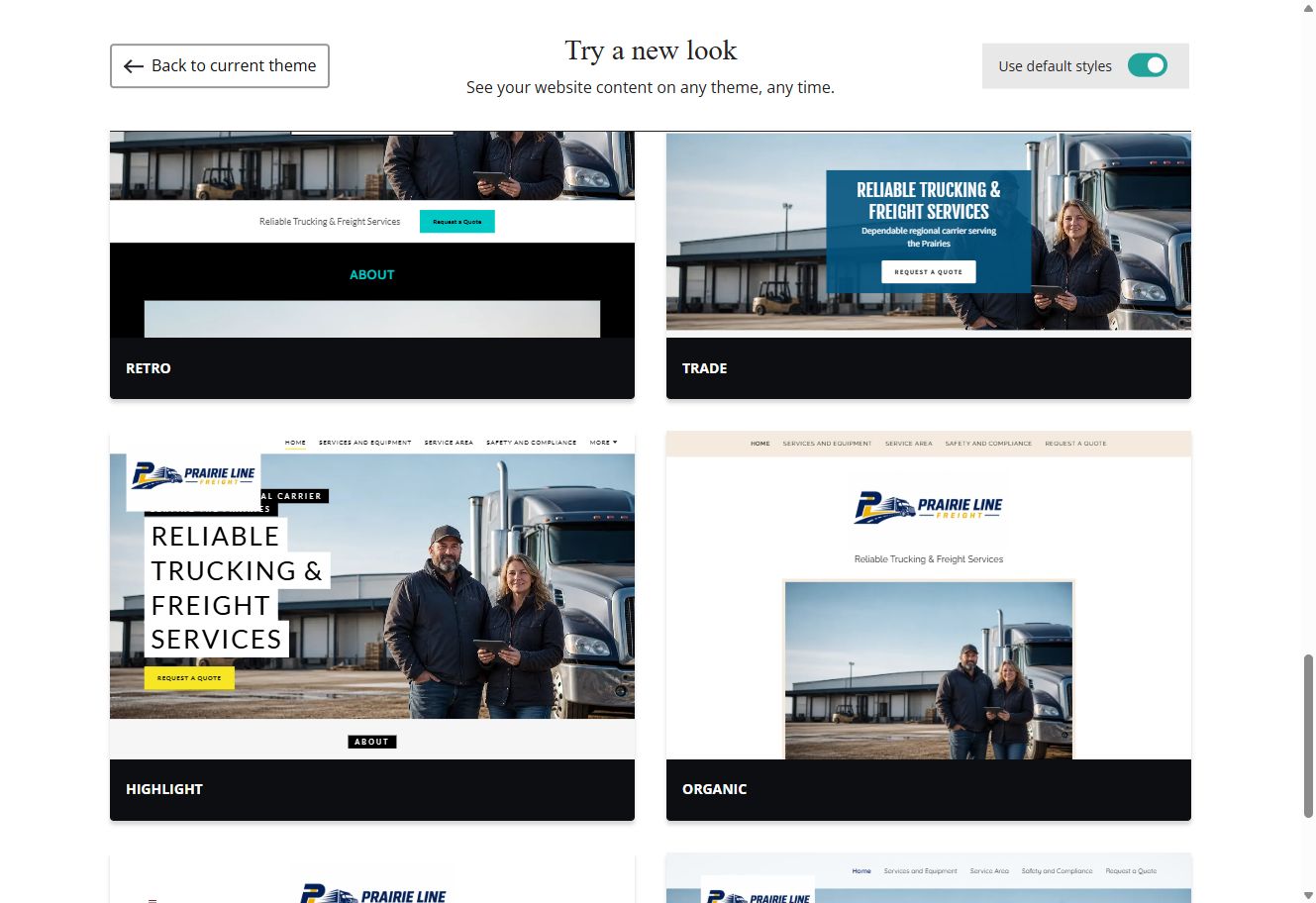 Retro, Trade, Highlight and Organic Website Builder previews using each theme's default styles