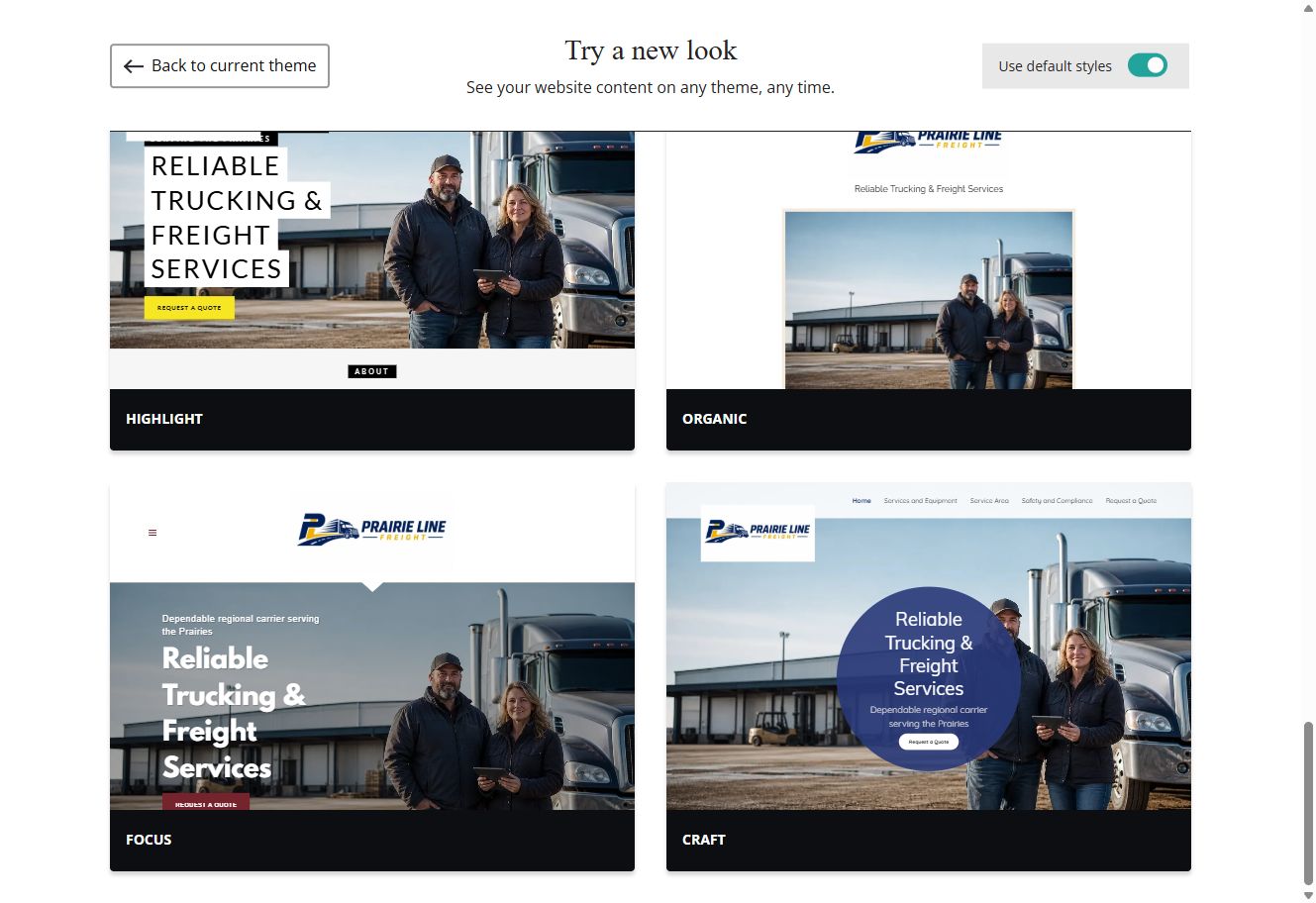 Highlight, Organic, Focus and Craft Website Builder previews using each theme's default styles