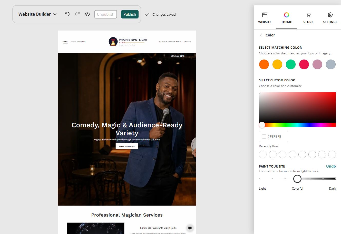 Prairie Spotlight Live home page in the Website Builder colourful paint setting