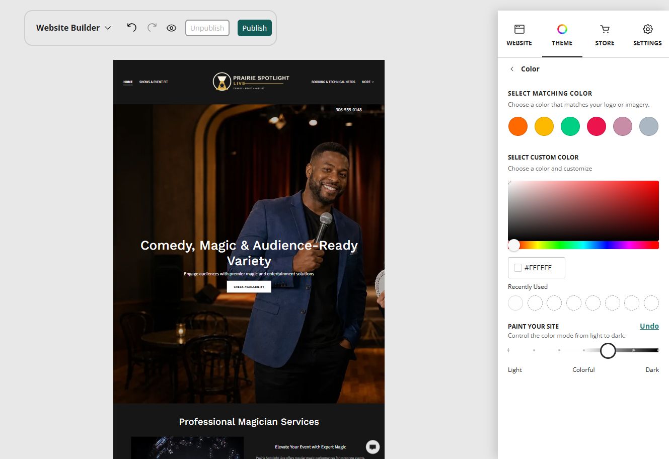 Prairie Spotlight Live home page in the Website Builder rich colour paint setting
