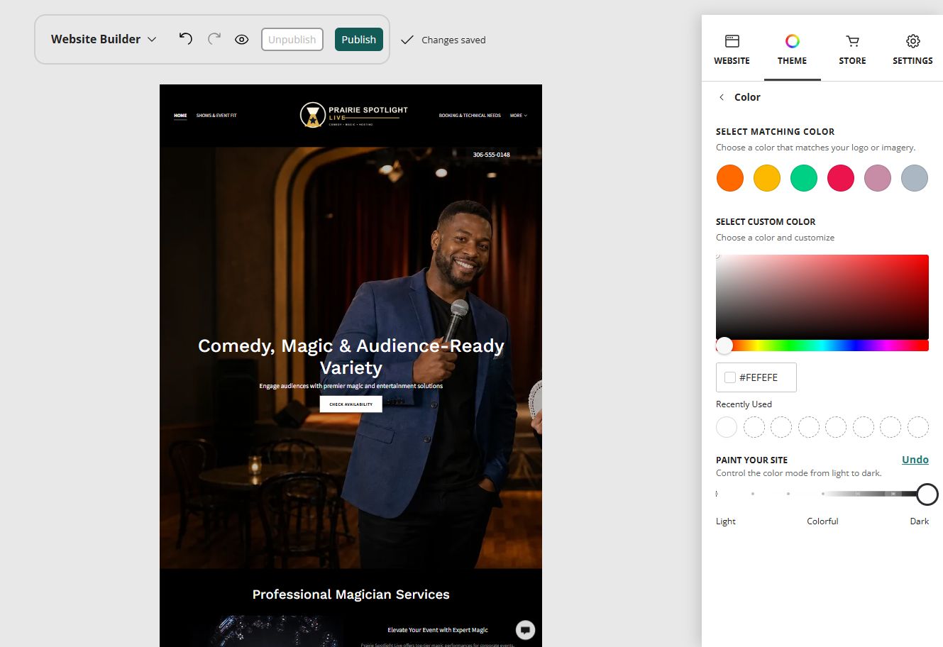 Prairie Spotlight Live home page in the Website Builder dark paint setting
