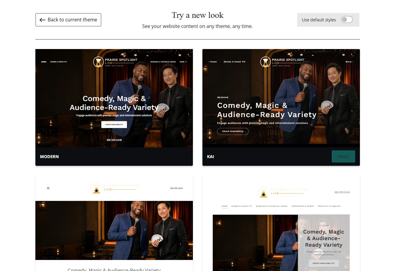 Website Builder chosen-colour theme previews for Prairie Spotlight Live, group 1