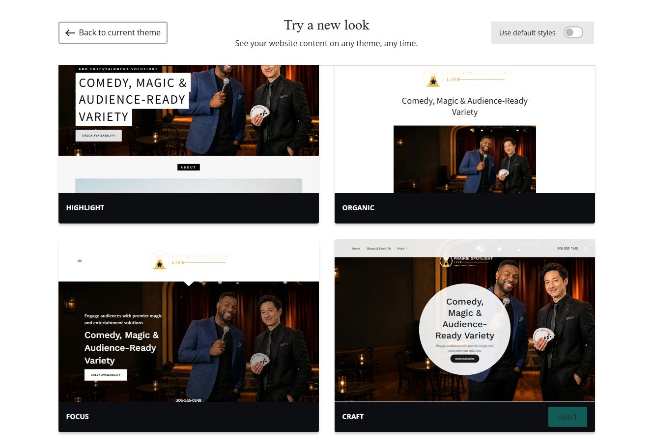 Website Builder chosen-colour theme previews for Prairie Spotlight Live, group 7