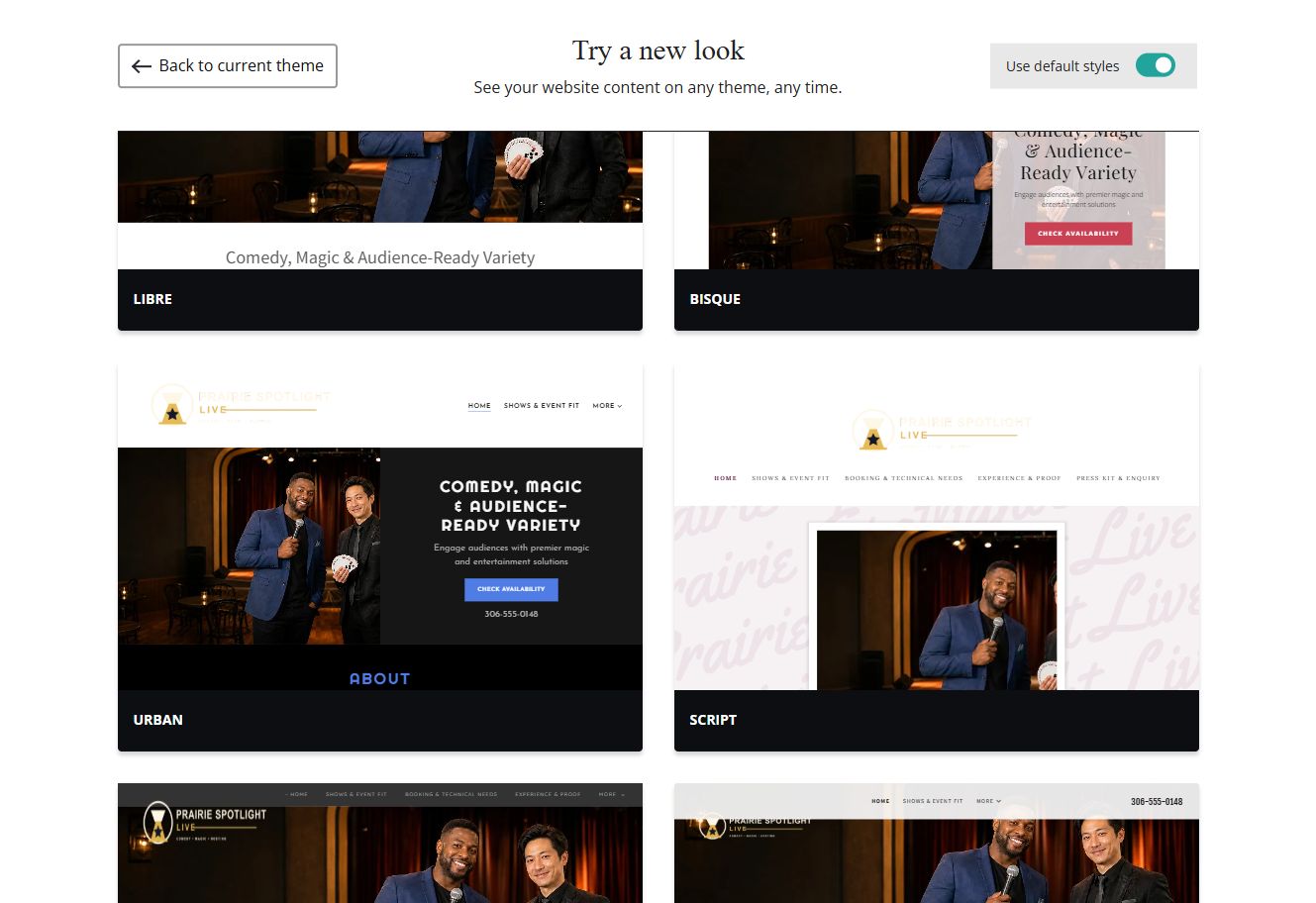 Website Builder default-style theme previews for Prairie Spotlight Live, group 2