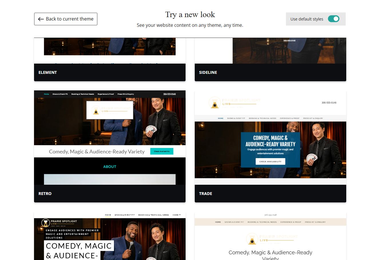Website Builder default-style theme previews for Prairie Spotlight Live, group 6