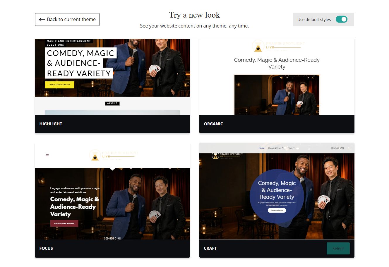 Website Builder default-style theme previews for Prairie Spotlight Live, group 7