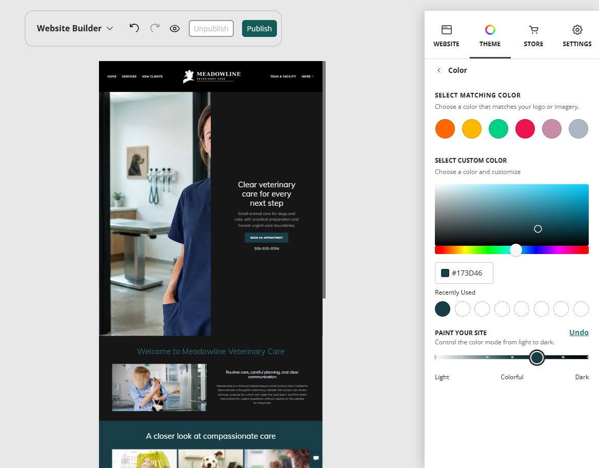 Meadowline Veterinary Care at Website Builder Paint slider position 5 of 7, colourful with a dark base