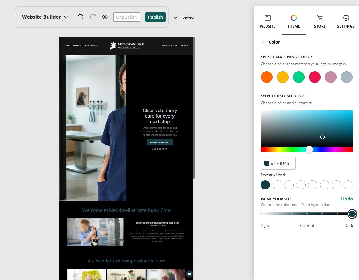 Meadowline Veterinary Care at Website Builder Paint slider position 7 of 7, dark