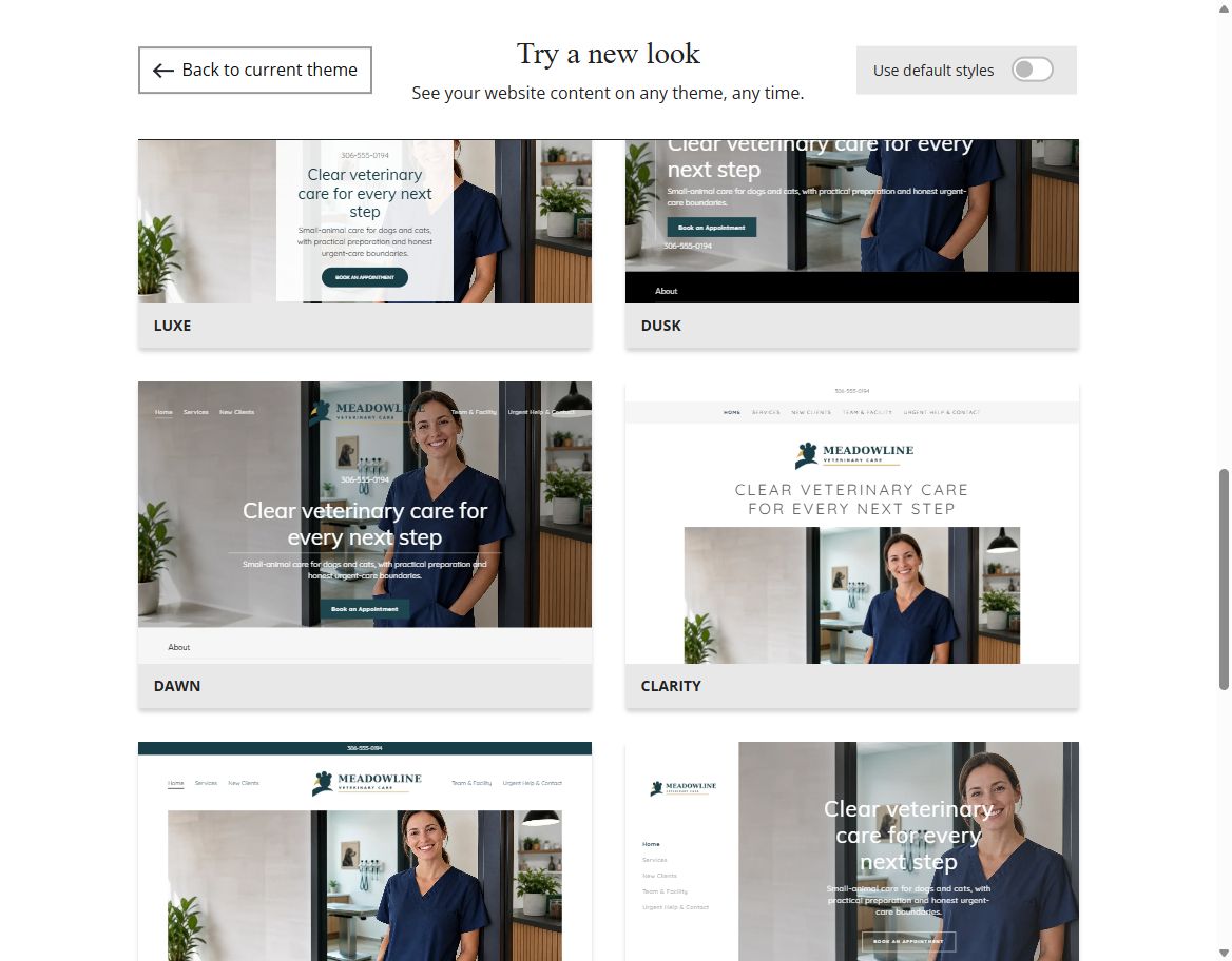 Website Builder selected-colour theme previews for Meadowline Veterinary Care, group 4