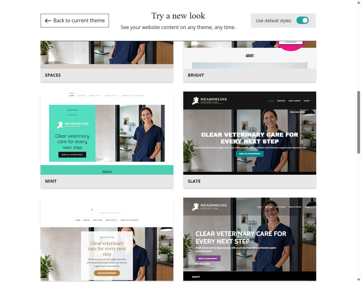 Website Builder default-style theme previews for Meadowline Veterinary Care, group 3