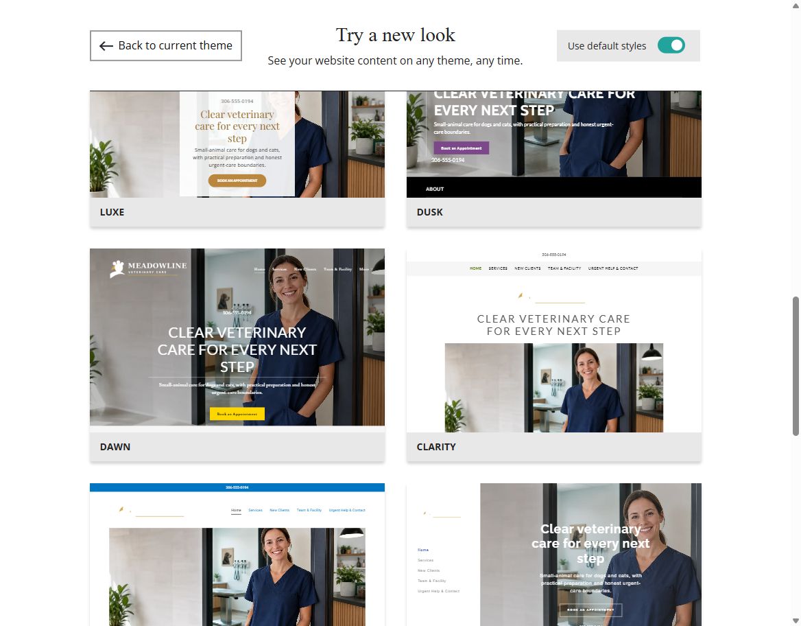 Website Builder default-style theme previews for Meadowline Veterinary Care, group 4