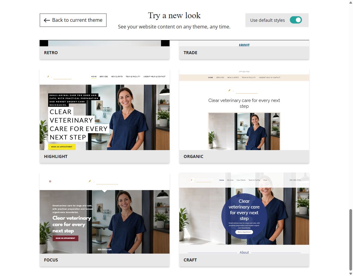 Website Builder default-style theme previews for Meadowline Veterinary Care, group 6