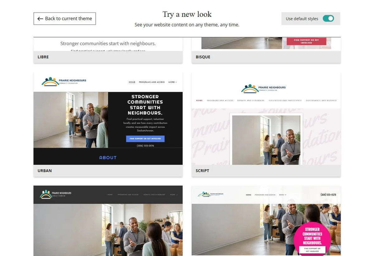 Website Builder theme previews for Prairie Neighbours using default styles, group 4