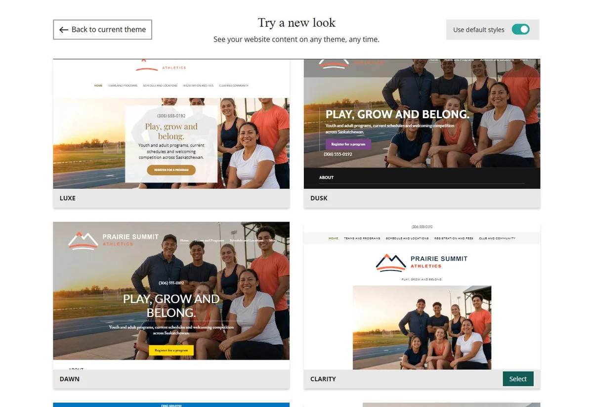 Website Builder theme previews for Prairie Summit Athletics using default styles, group 6