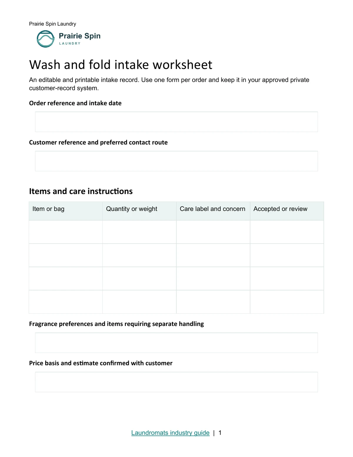 Wash and fold intake worksheet · Page 1