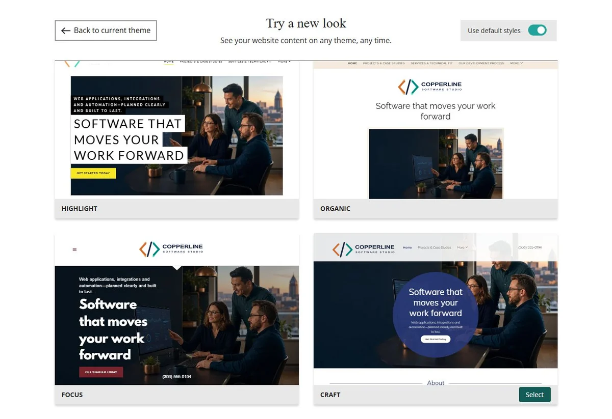 Website Builder default-style theme previews for Copperline Software Studio, group 7