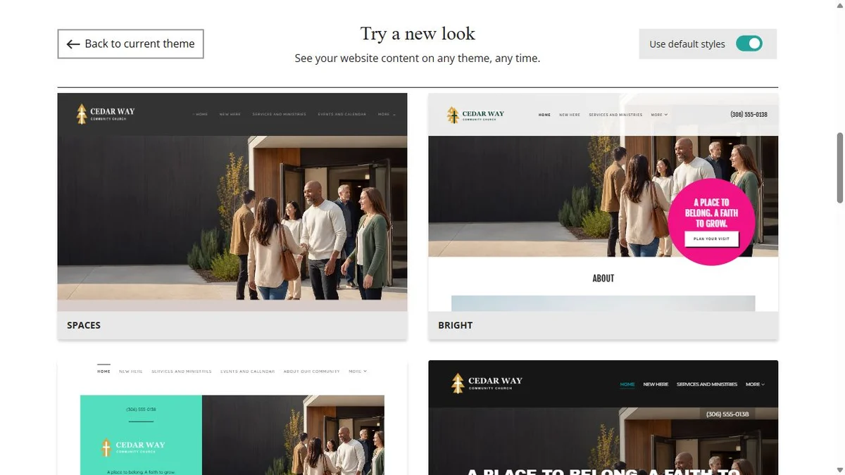 Website Builder theme previews for Cedar Way Community Church using default styles, group 3