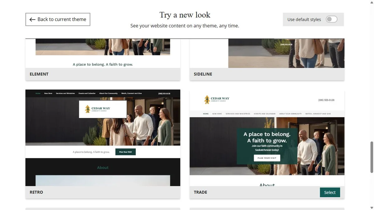 Website Builder theme previews for Cedar Way Community Church using chosen colours, group 6