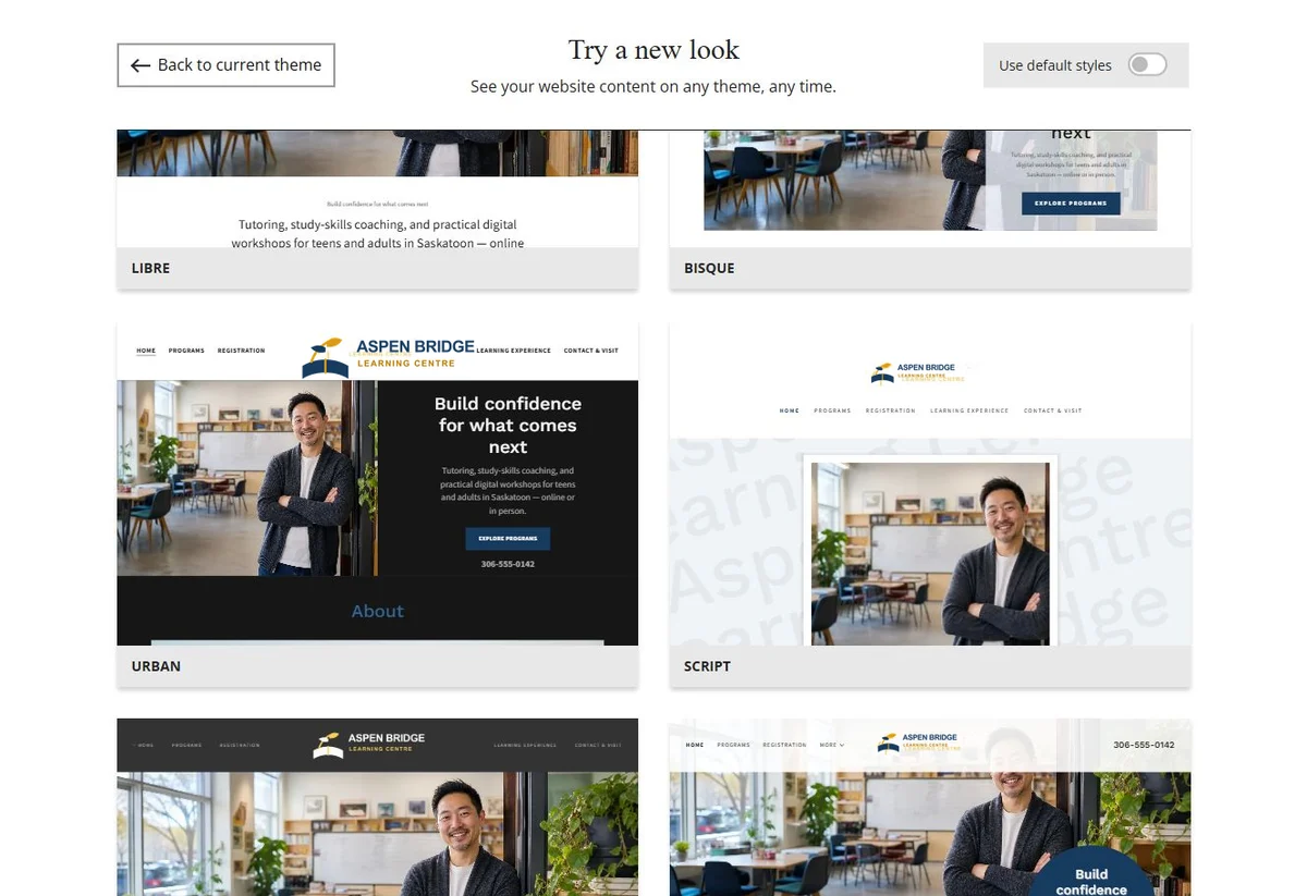 Website Builder theme previews for Aspen Bridge Learning Centre using its chosen colours, group 2