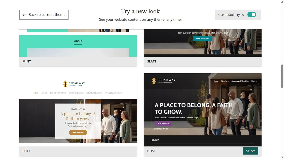 Website Builder theme previews for Cedar Way Community Church using default styles, group 4