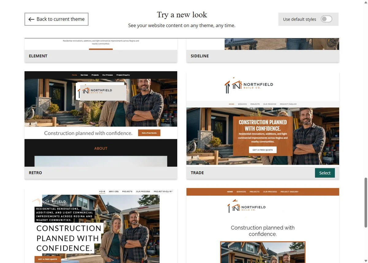 Retro, Trade, Highlight and Organic Website Builder previews using Northfield Build Co.'s selected copper colour