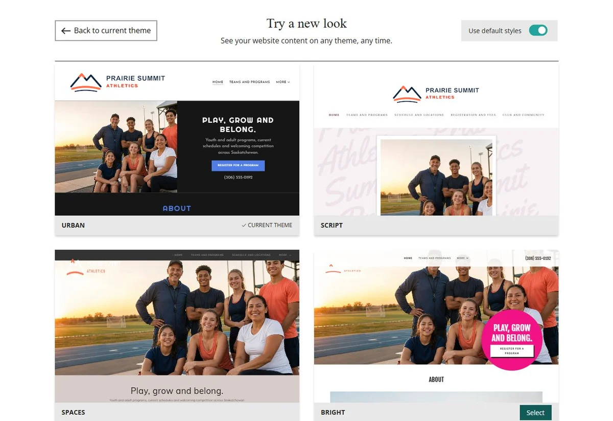 Website Builder theme previews for Prairie Summit Athletics using default styles, group 3