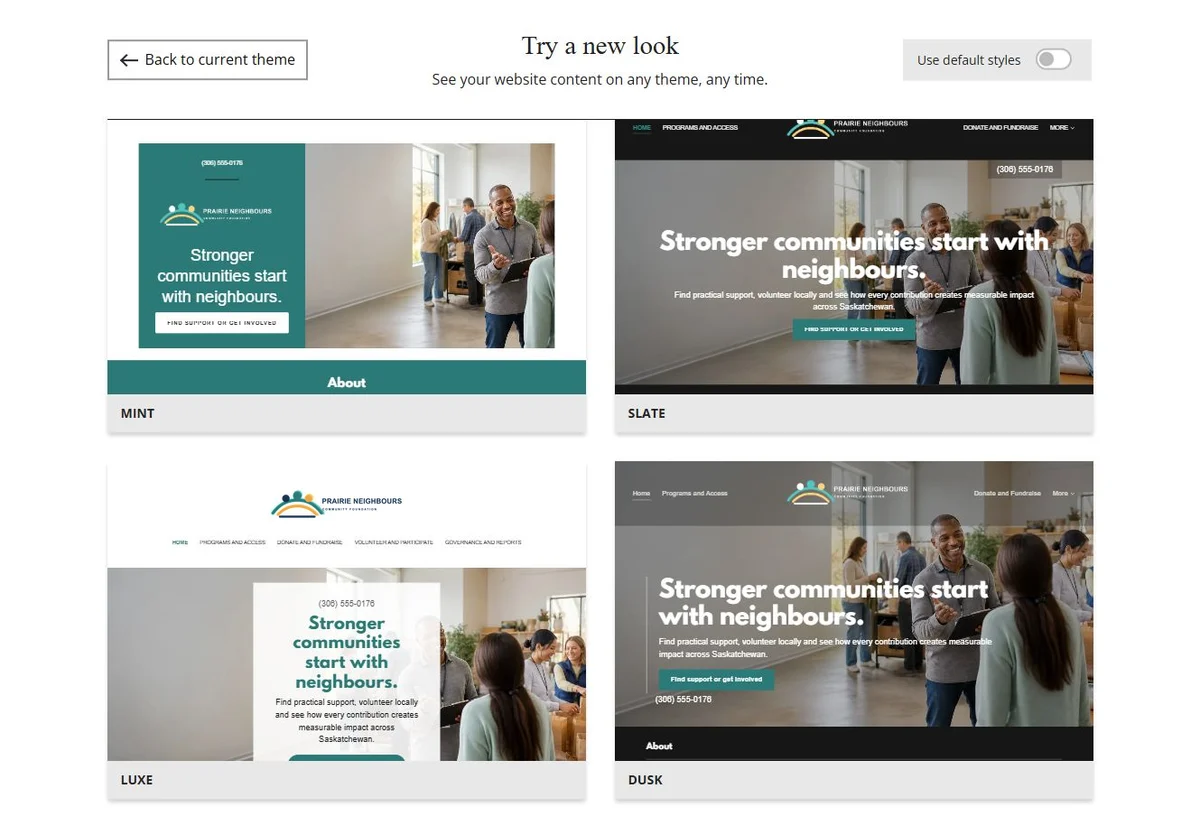 Website Builder theme previews for Prairie Neighbours using its chosen colours, group 8